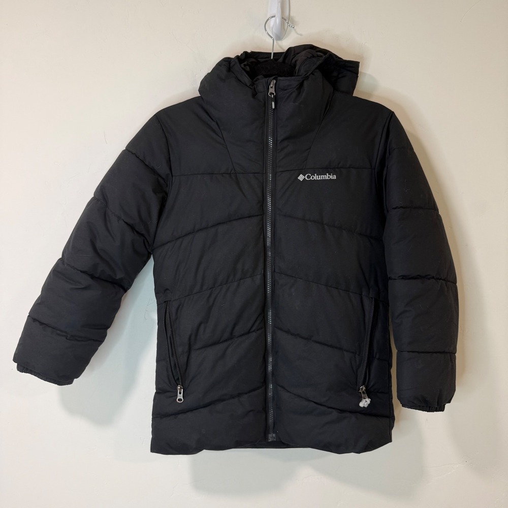 Columbia Youth Puffer Jacket Ski M 10/12 Black Good Hooded Quilted Winter Coat